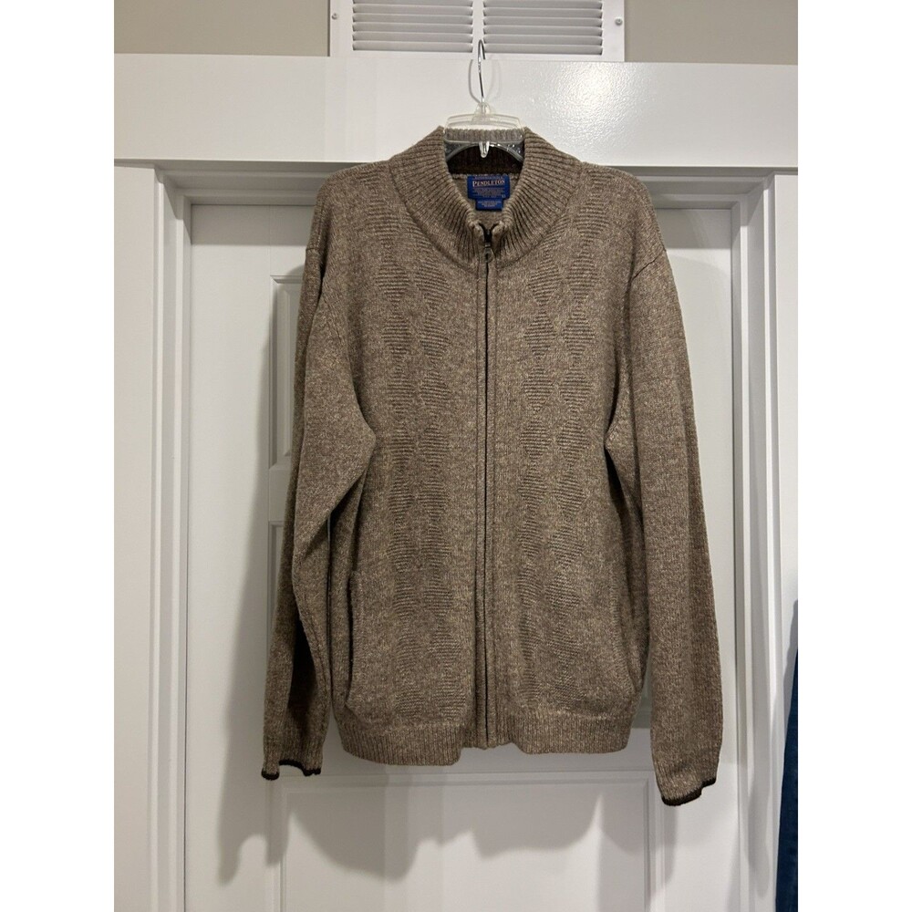 Pendleton Shetland Wool Sweater Mens Large Brown Full Zip Pockets Knit Classic